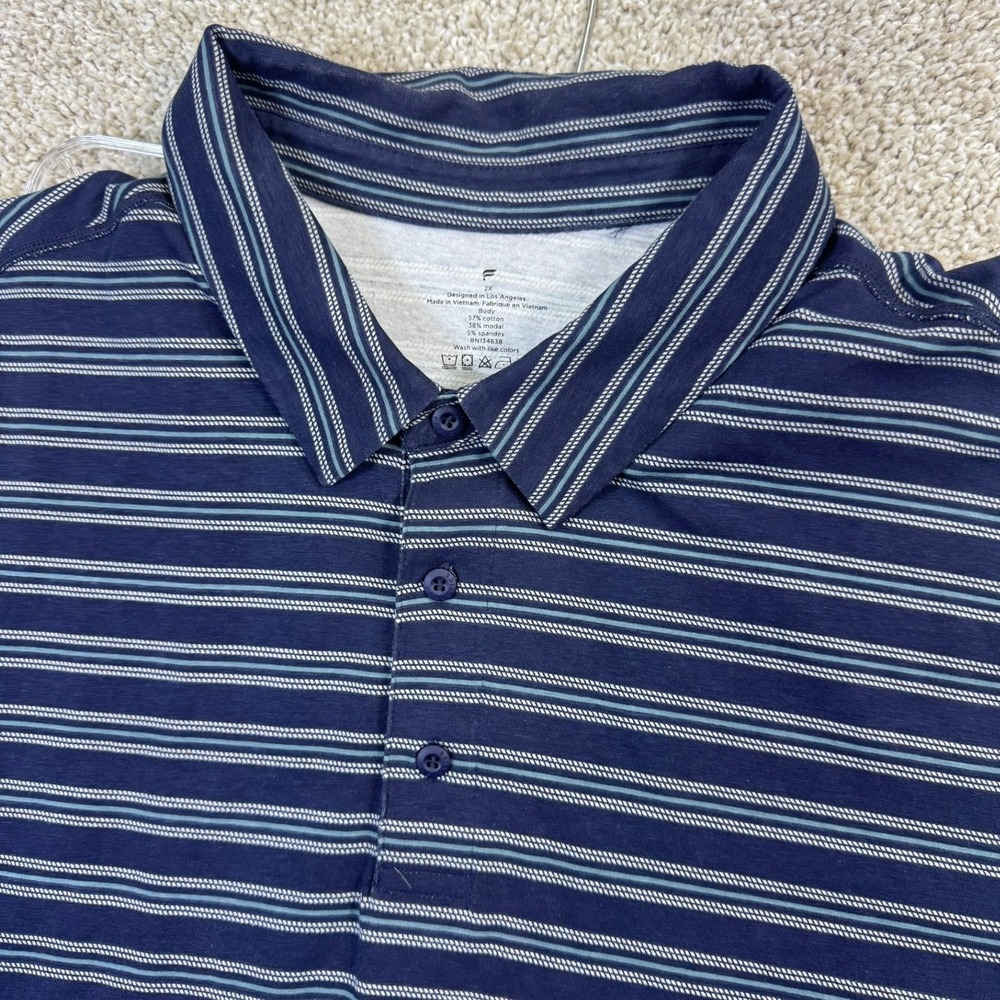 Fabletics Mens 2X Polo Shirt Navy Blue Striped Short Sleeve Cotton Modal Stretch